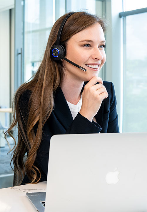 Woman wearing Leitner LH470 wireless headset