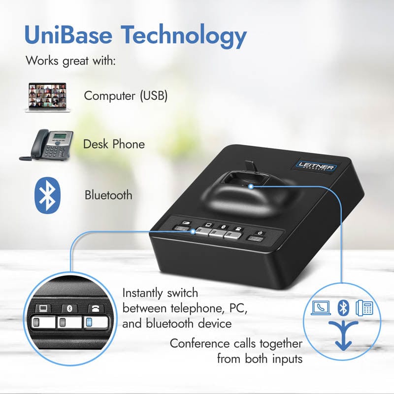 Leitner LH375 and lifter UniBase call merging with PC, desk phone, and cell phone